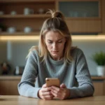 Femme inquiète examinant un numéro de téléphone inconnu sur son smartphone dans une cuisine moderne