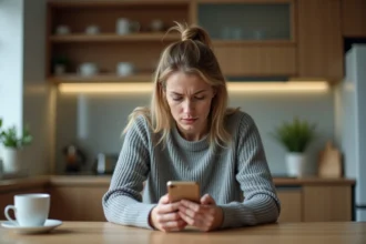 Femme inquiète examinant un numéro de téléphone inconnu sur son smartphone dans une cuisine moderne