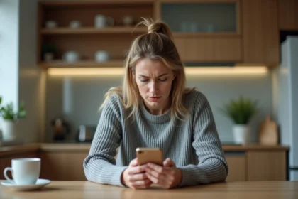 Femme inquiète examinant un numéro de téléphone inconnu sur son smartphone dans une cuisine moderne