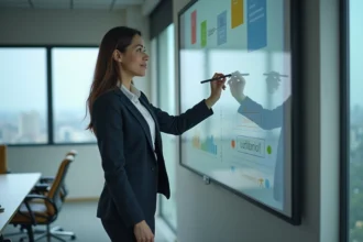 Femme professionnelle utilisant un projecteur interactif en bureau