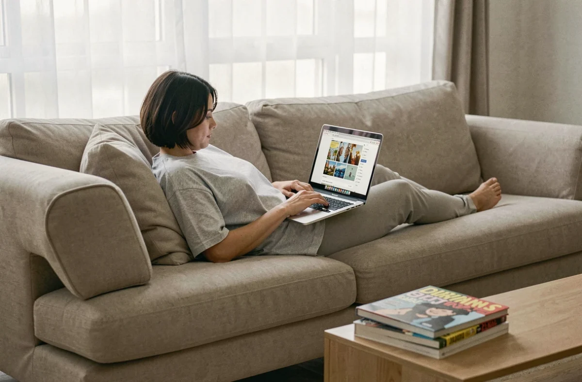 Femme naviguant sur une plateforme de lecture de BD en ligne depuis son canapé avec un laptop