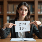 Jeune femme en bibliothèque pointant 21st et 21th