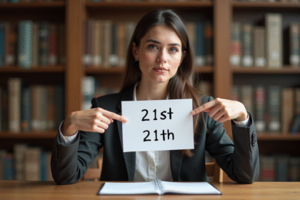 Jeune femme en bibliothèque pointant 21st et 21th