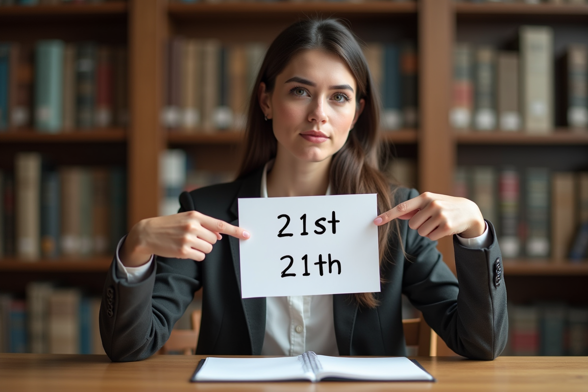 Jeune femme en bibliothèque pointant 21st et 21th