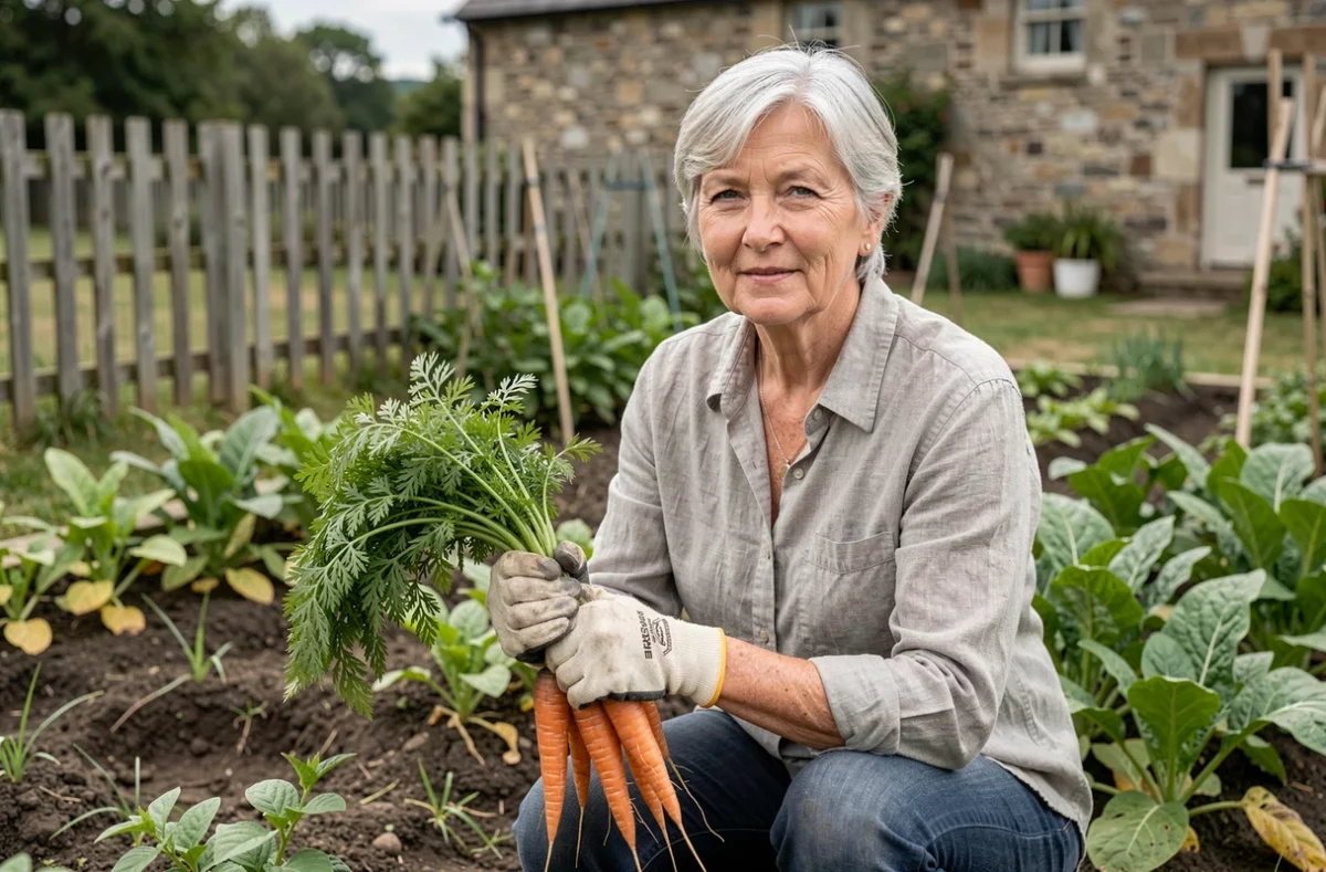 Femme mature aux cheveux argentés récoltant des légumes dans un jardin rural, incarnant la force tranquille et la fierté féminine