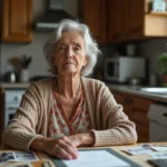 Femme de cinquante ans contemplant une lettre dans sa cuisine chaleureuse