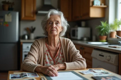 Femme de cinquante ans contemplant une lettre dans sa cuisine chaleureuse