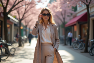 Femme élégante en trench et lunettes en ville au printemps