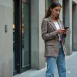 Femme en blazer à carreaux dans la rue urbaine