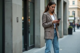 Femme en blazer à carreaux dans la rue urbaine