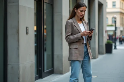 Femme en blazer à carreaux dans la rue urbaine
