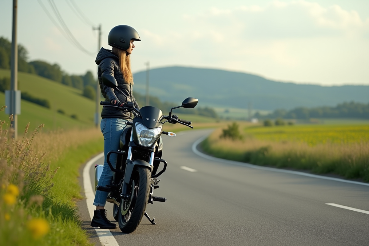 Femme en équipement de moto dans paysage rural