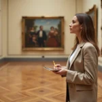 Femme contemplant un tableau de maître dans une galerie de musée classique avec un carnet de notes à la main