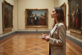 Femme contemplant un tableau de maître dans une galerie de musée classique avec un carnet de notes à la main