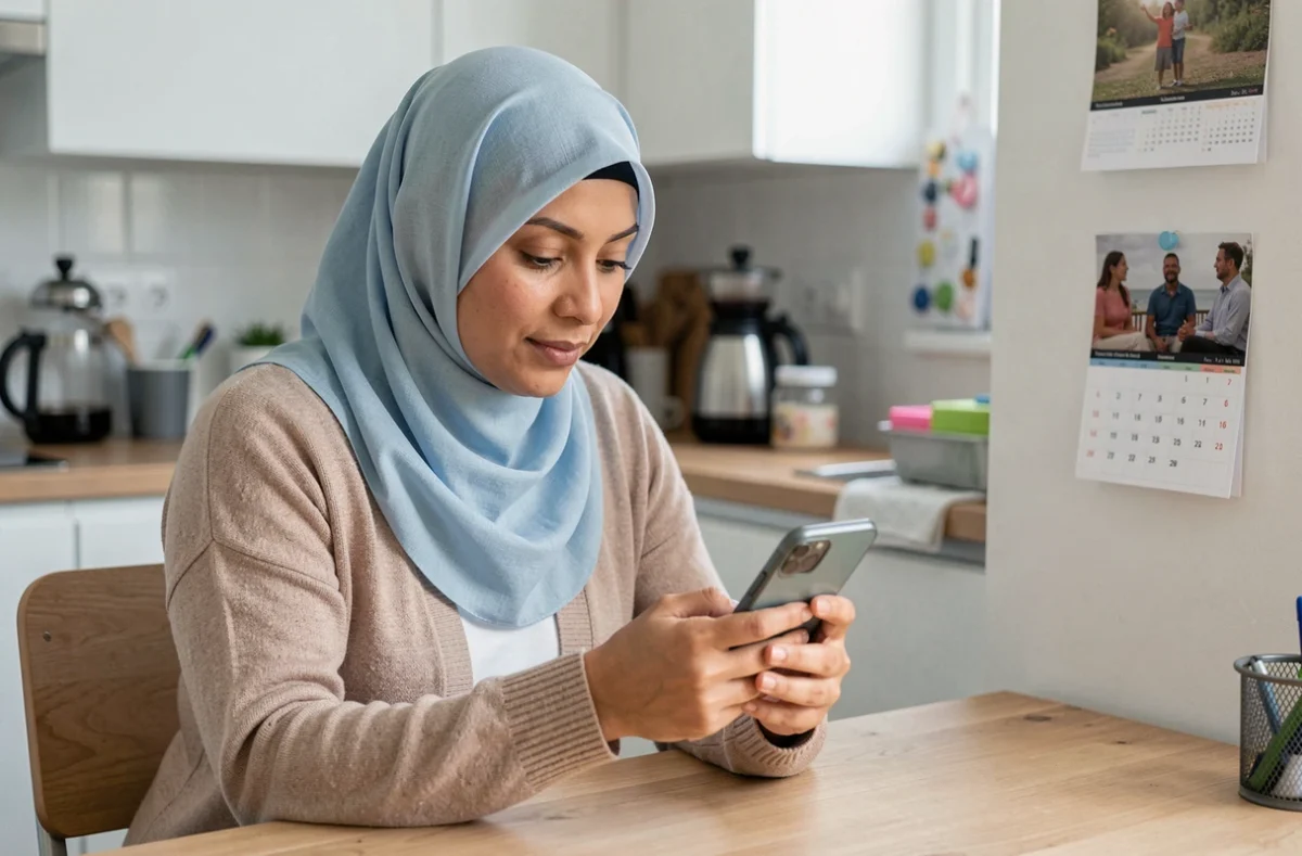 Femme musulmane consultant les horaires de prière sur son téléphone dans une cuisine, organisation du quotidien au Blanc-Mesnil