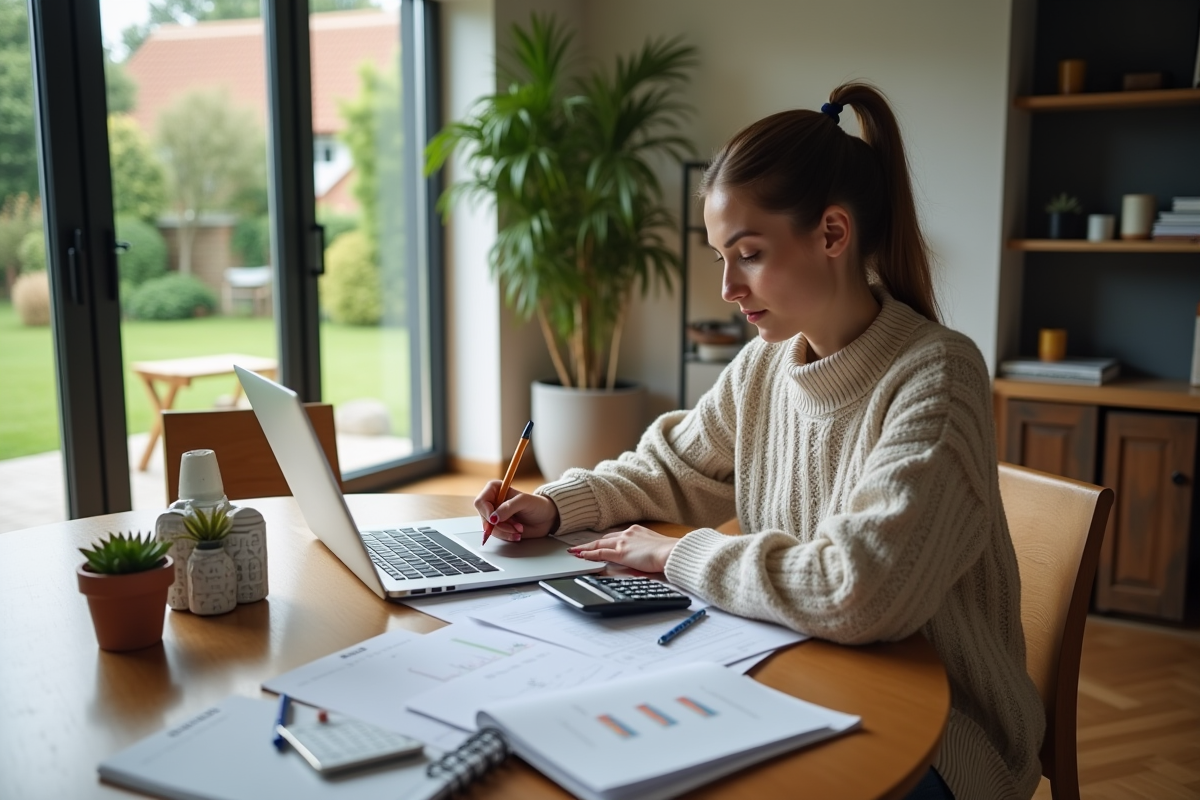 Jeune femme travaille à la maison avec ordinateur et documents immobiliers