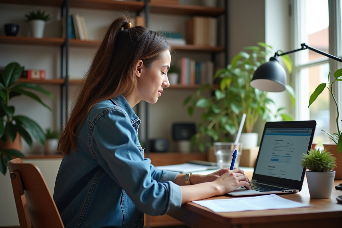 Jeune femme consulte un site de voitures sur son ordinateur portable