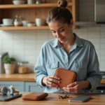 Jeune femme organise ses accessoires dans une cuisine moderne