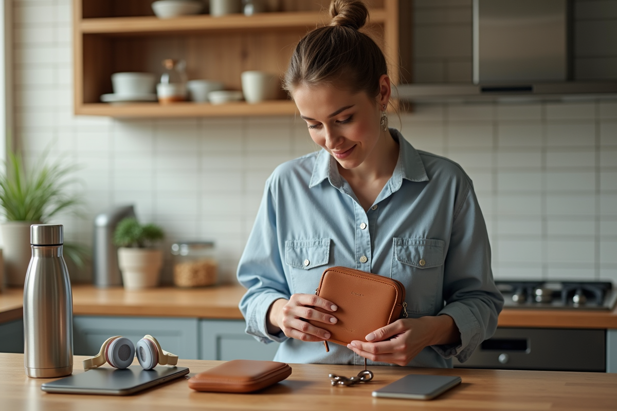Jeune femme organise ses accessoires dans une cuisine moderne