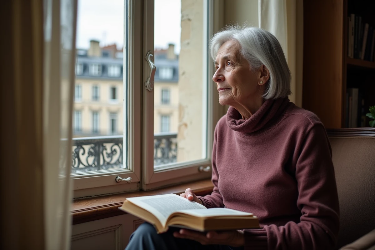 Femme pensive assise près d'une fenêtre dans un appartement parisien classique, tenant un livre et regardant au loin, symbole de vie intérieure et de confidences rares