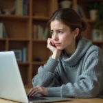 Jeune femme perplexe devant son ordinateur portable cherchant un site web fiable