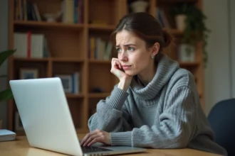 Jeune femme perplexe devant son ordinateur portable cherchant un site web fiable