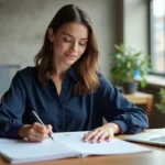 Femme écrivant sur un planning mensuel imprimé posé sur un bureau en bois dans un bureau moderne