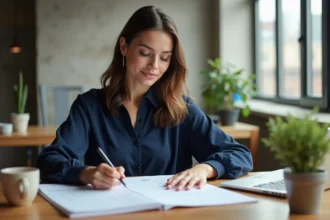 Femme écrivant sur un planning mensuel imprimé posé sur un bureau en bois dans un bureau moderne
