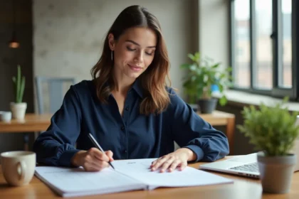 Femme écrivant sur un planning mensuel imprimé posé sur un bureau en bois dans un bureau moderne