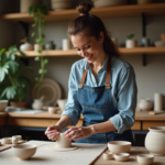 Femme souriante dans son atelier de poterie avec outils et céramiques