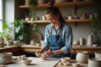 Femme souriante dans son atelier de poterie avec outils et céramiques