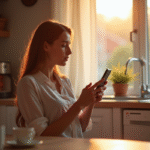Jeune femme avec smartphone regardant par la fenetre