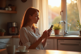 Jeune femme avec smartphone regardant par la fenetre