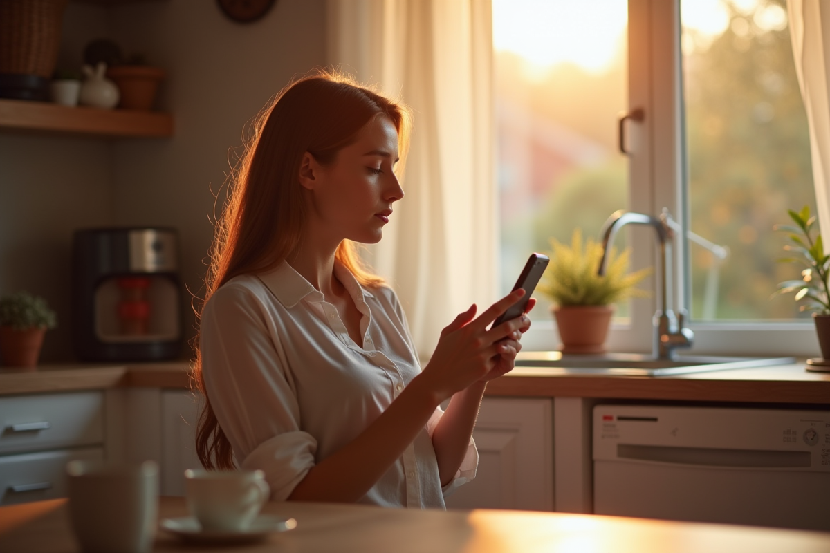 Jeune femme avec smartphone regardant par la fenetre