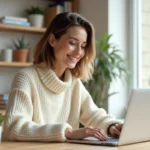 Femme souriante lisant des articles de psychologie positive sur un ordinateur portable dans un bureau minimaliste à la décoration chaleureuse