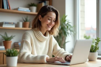 Femme souriante lisant des articles de psychologie positive sur un ordinateur portable dans un bureau minimaliste à la décoration chaleureuse