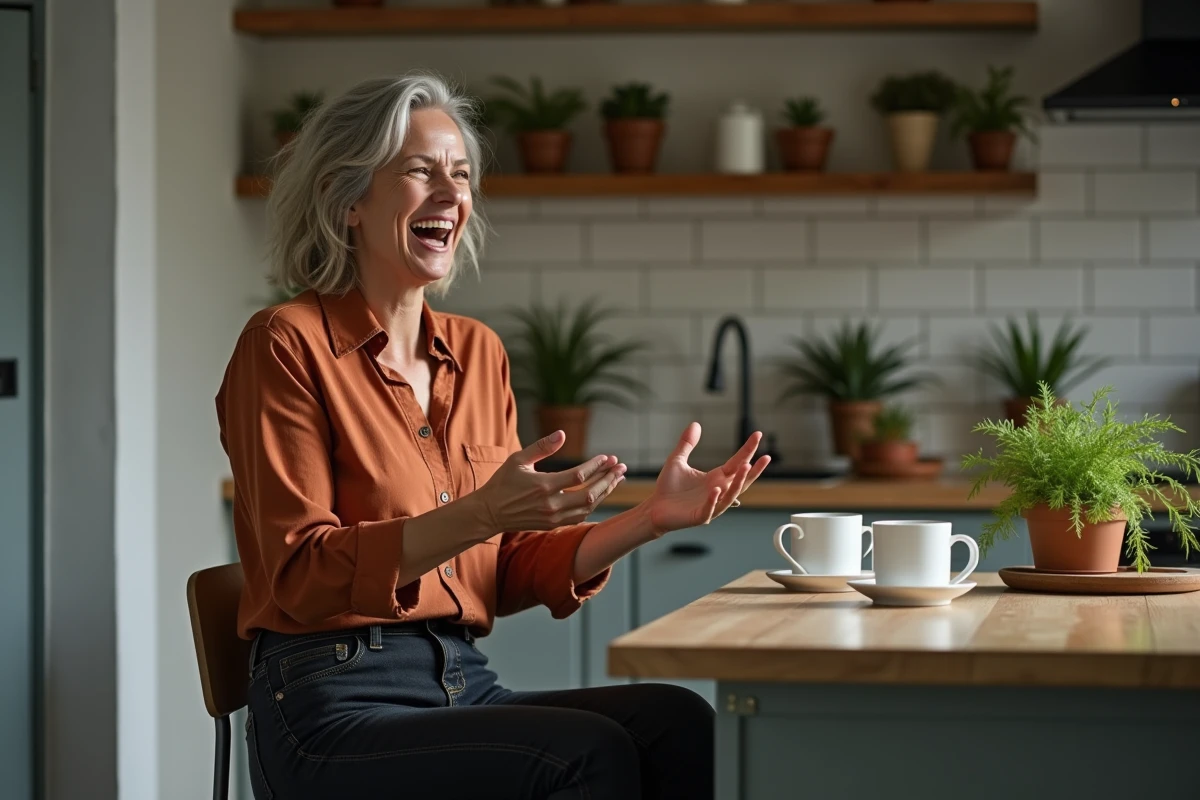 Femme souriante racontant une blague avec des gestes expressifs dans une cuisine moderne et conviviale
