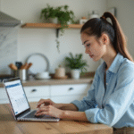 Jeune femme en blouse bleue recherche sur un ordinateur portable