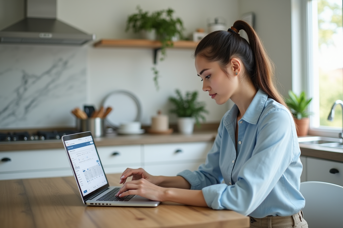 Jeune femme en blouse bleue recherche sur un ordinateur portable