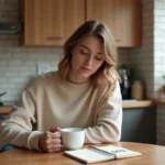 Femme pensant avec un notepad dans une cuisine chaleureuse