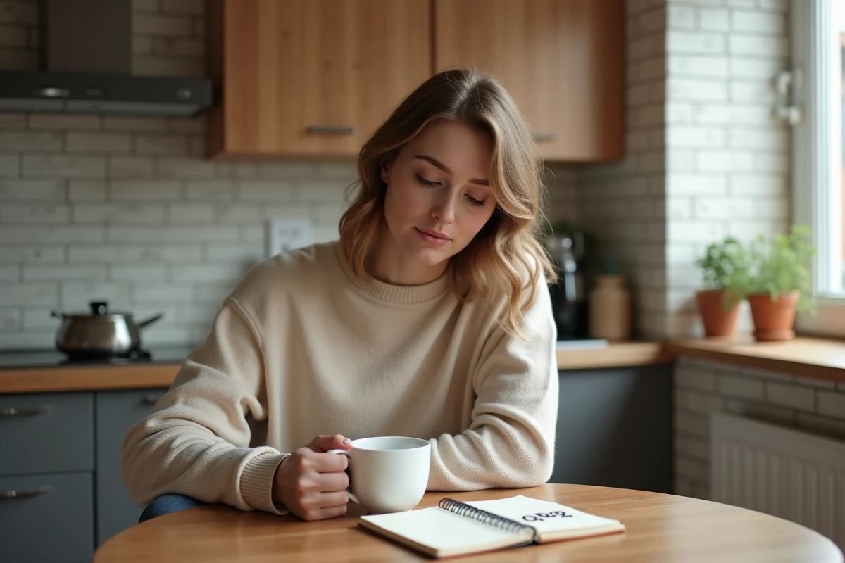Femme pensant avec un notepad dans une cuisine chaleureuse