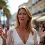 Femme en robe d'été parlant à un journaliste à Cannes