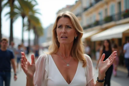 Femme en robe d'été parlant à un journaliste à Cannes