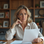 Femme d'âge moyen examinant des documents de retraite à la maison