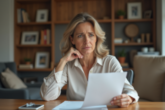 Femme d'âge moyen examinant des documents de retraite à la maison