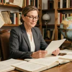Femme confiante en blazer lisant des documents dans une bibliothèque chaleureuse, illustrant la sagesse et l'autorité féminine