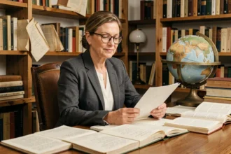 Femme confiante en blazer lisant des documents dans une bibliothèque chaleureuse, illustrant la sagesse et l'autorité féminine