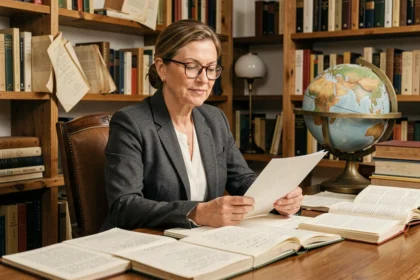Femme confiante en blazer lisant des documents dans une bibliothèque chaleureuse, illustrant la sagesse et l'autorité féminine