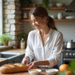 Femme souriante préparant une baguette dans sa cuisine lumineuse