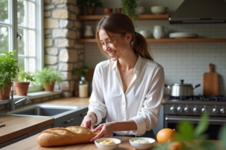 Femme souriante préparant une baguette dans sa cuisine lumineuse